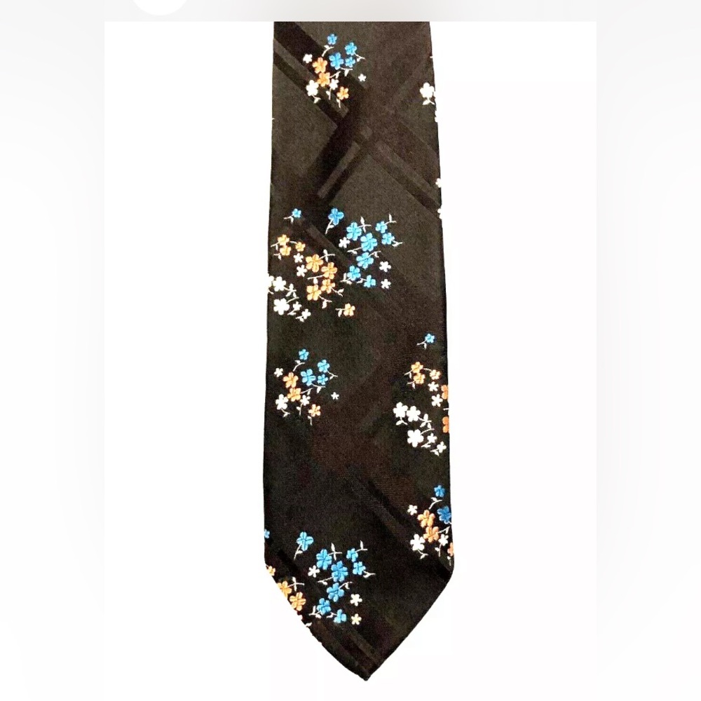 Oleg Cassini Men’s Necktie Brown with Blue and Peach Flowers 58” 1970s Vintage